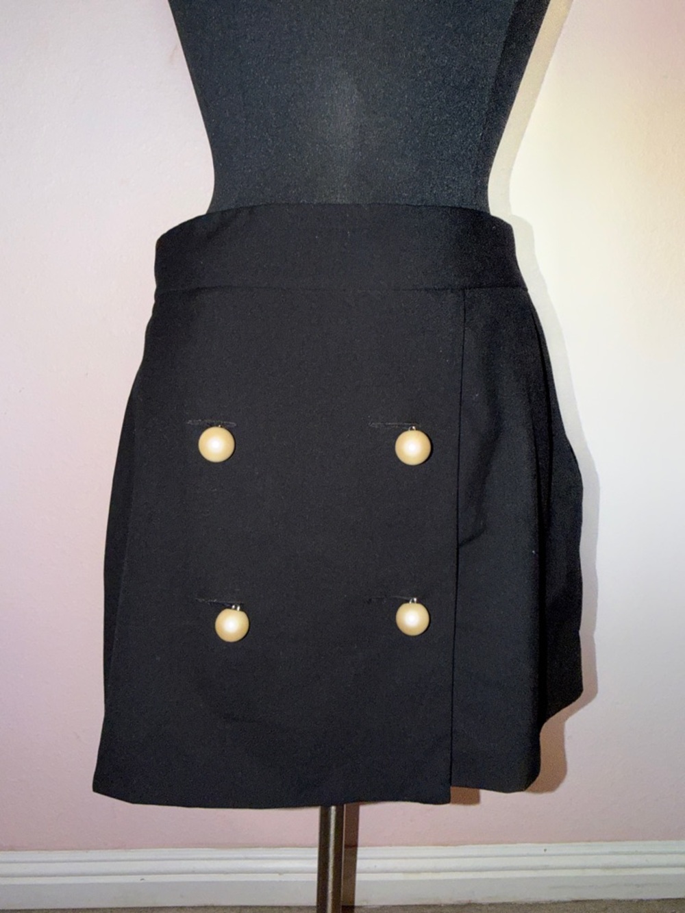 Black Mini Skirt with Pearl Buttons